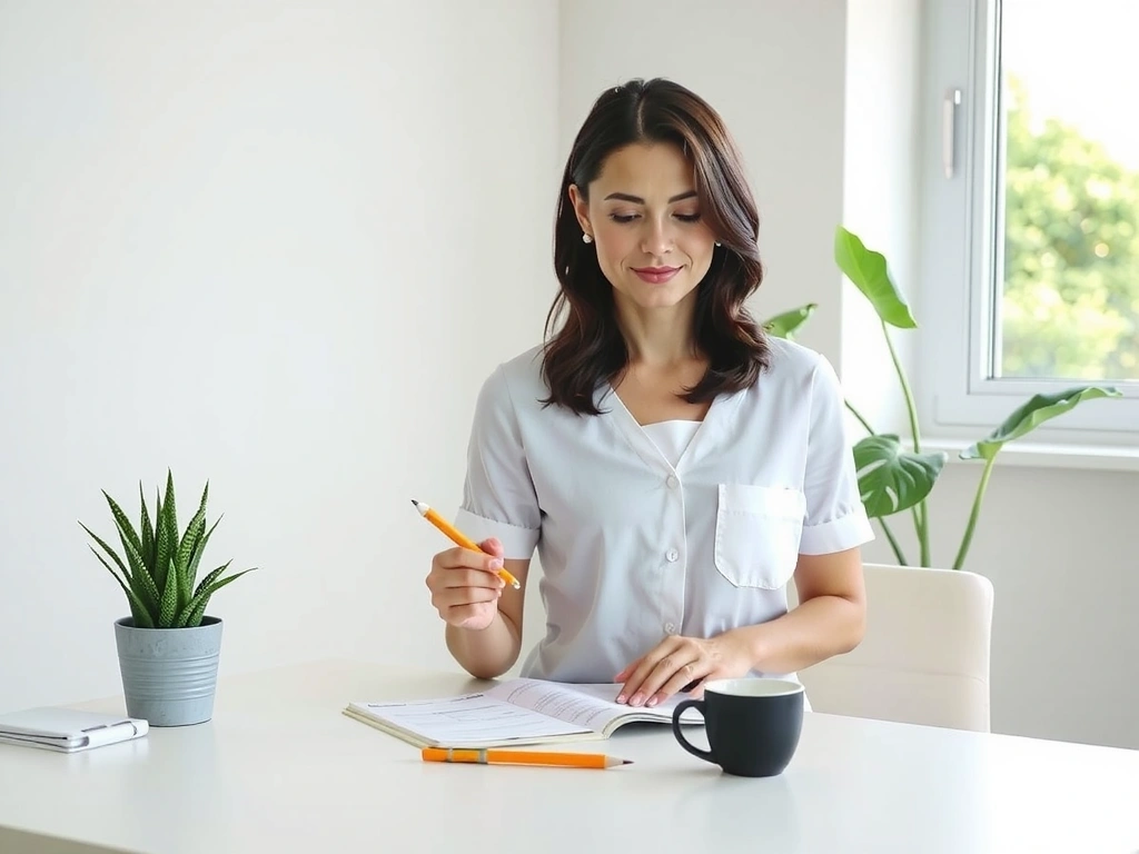 Ernährungsberaterin mit Kundeinnendaten in einem aufgeräumten Raum